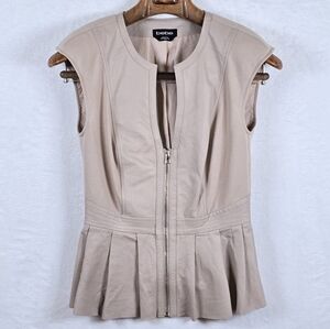 Y2k Bebe 100% Leather Mix Peplum Vest XS Tan Zip Front Sleeveless Moto Jacket